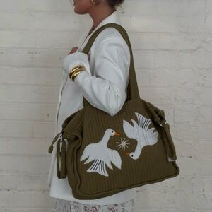 Olive Green Baby Bag with Bird Motif